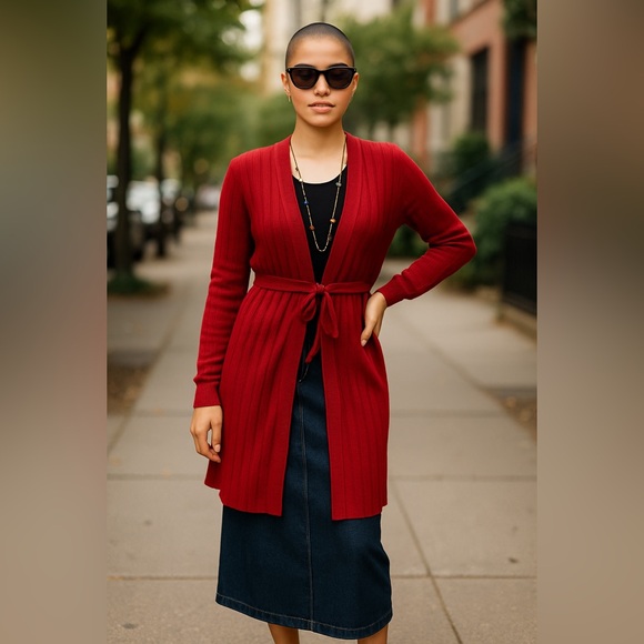 WHBM Red Ribbed Sweater Cardigan with Tie Belt, Size Small, New with Tags - Picture 1 of 16
